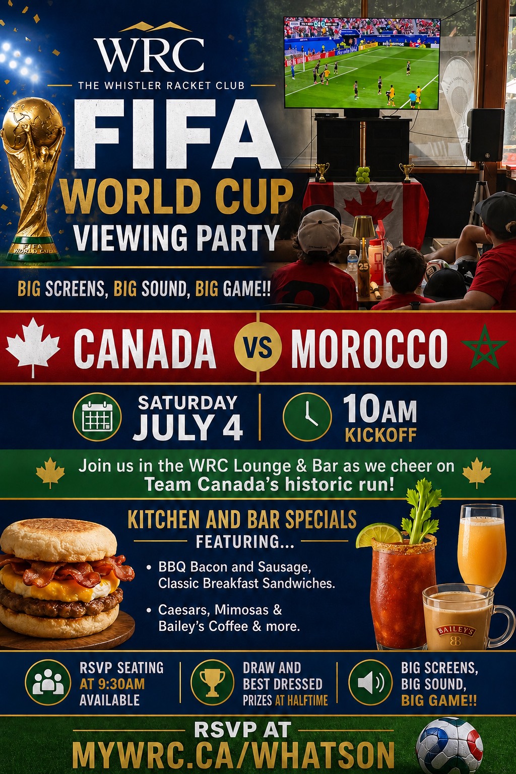 FIFA World Cup Viewing Party — Canada v Morocco, Saturday July 4, 10am kickoff