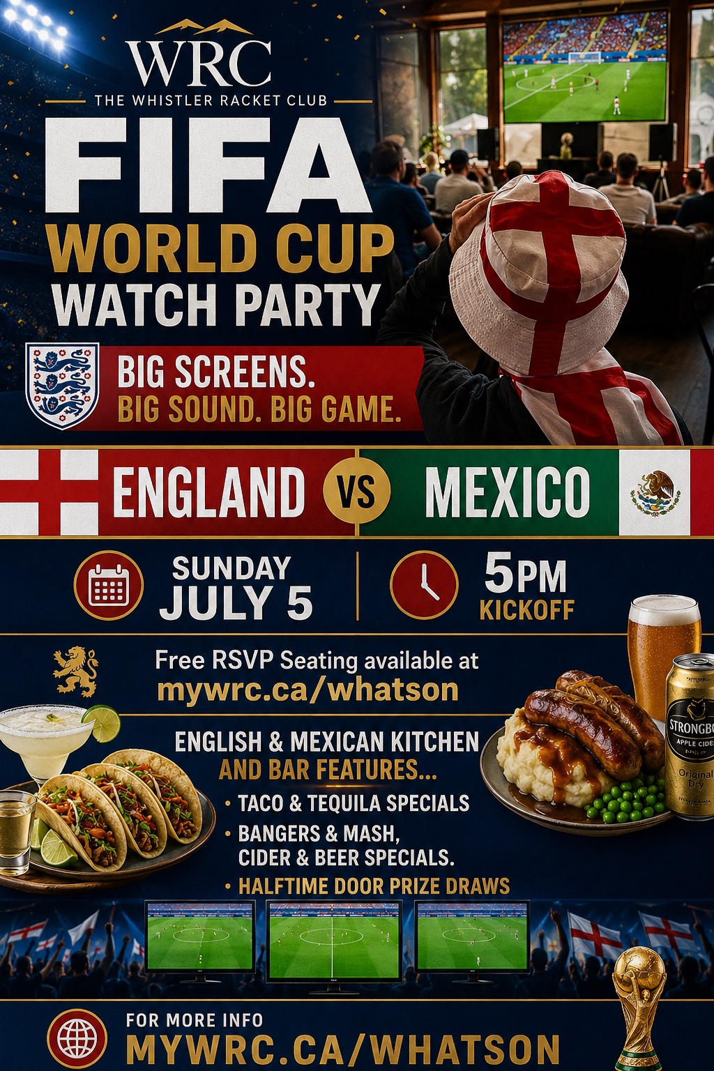 FIFA World Cup Watch Party — England v Mexico, Sunday July 5, 5pm kickoff